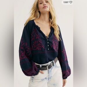 Free People Persuasion Navy and Pink Embroidered Women's Top